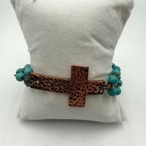 West & Co Turquoise Bead‎ Hammered Copper Cross Toggle Bracelet Western Boho